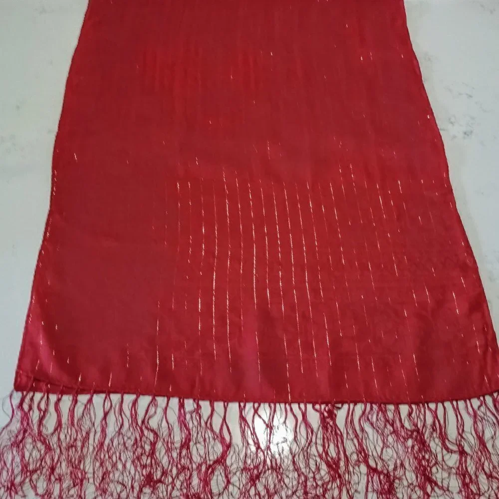Red Oblong Fringed Metallic Scarf/Wrap
